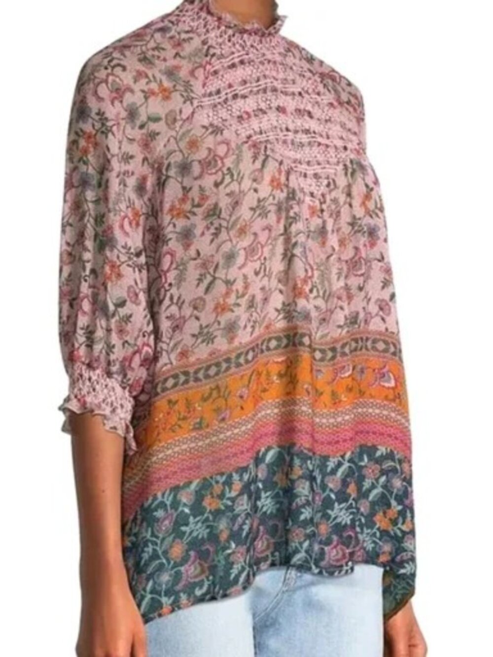 Johnny Was Jade Ode Smocked A-Line Top XXL Mixed Floral Print, Raglan 3/4 Sleeve